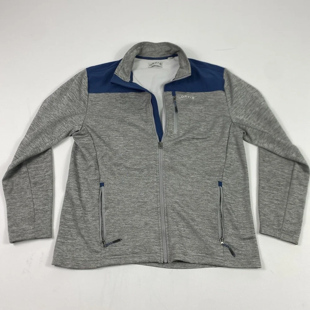Orvis Jacket Mens Large Gray Navy Full Zip Fleece Hybrid Zip‎ Pockets Outdoors
